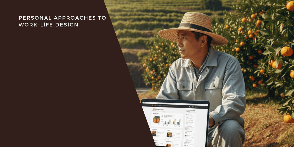 柑橘畑で麦わら帽子の男性。左に見出しとグラフ表示のノートPC。伝統農業とデータ活用の融合。