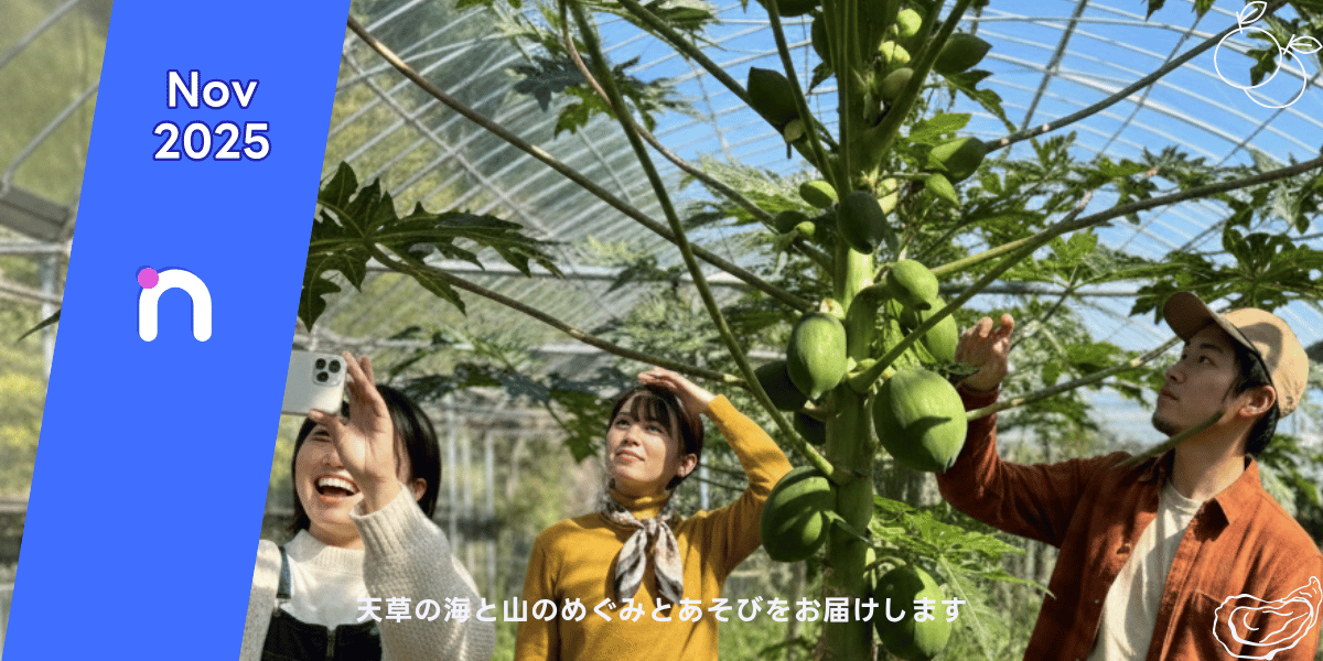 育った青いパパイヤを見つめる3人の若者の写真  narino PLUSのキービジュアル用。海と山のめぐみを届けるひとコマ。