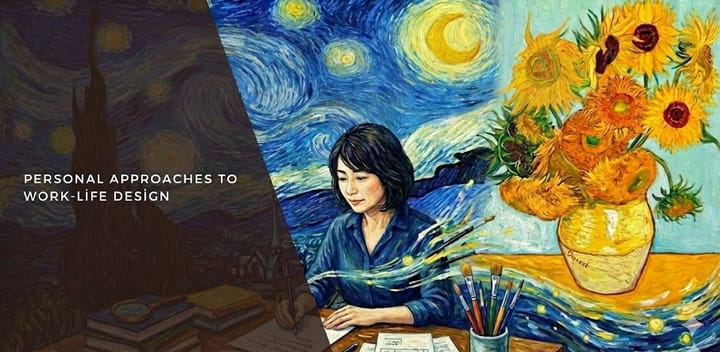 ゴッホ「星月夜」を想起させる青と黄の渦巻き背景、青シャツの女性が机でペンを取り創作、右に向日葵の花瓶